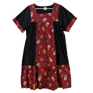 RM Hawaii Muumuu Dress Womens Large Red Cat Print Square Neck Hawaiian